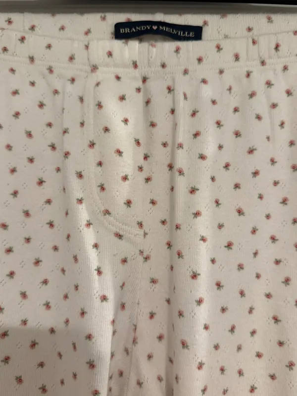 Brandy Melville White Straight-Leg Pants with Tiny Pink Floral Print - Image 2