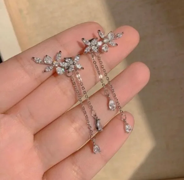 18K White Gold Plated Crystal Flower Tassel Dangle Drop Earrings - Image 3