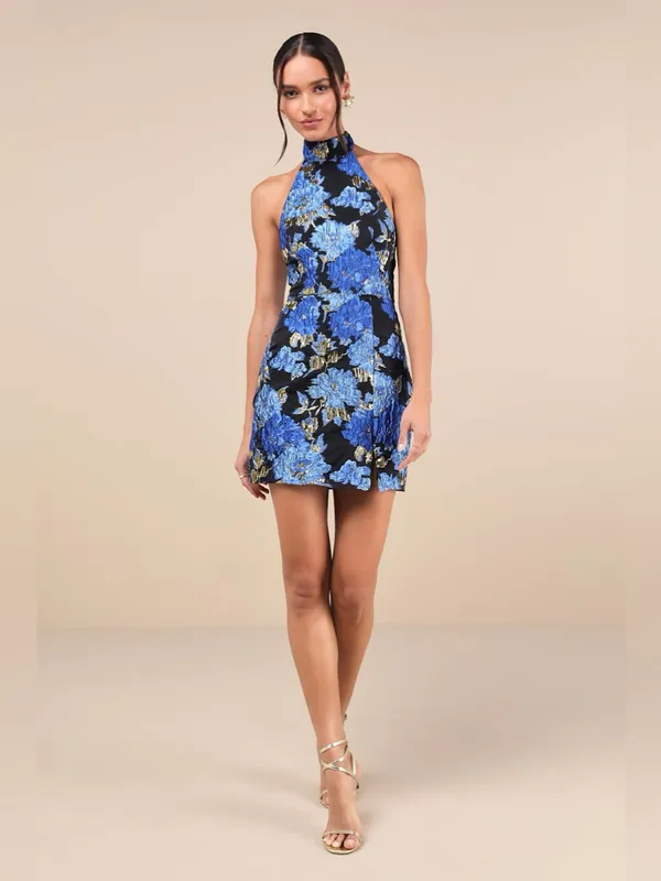 Lulus Extraordinary Impression Black Floral Jacquard Halter Mini Dress Large NWT - Image 3