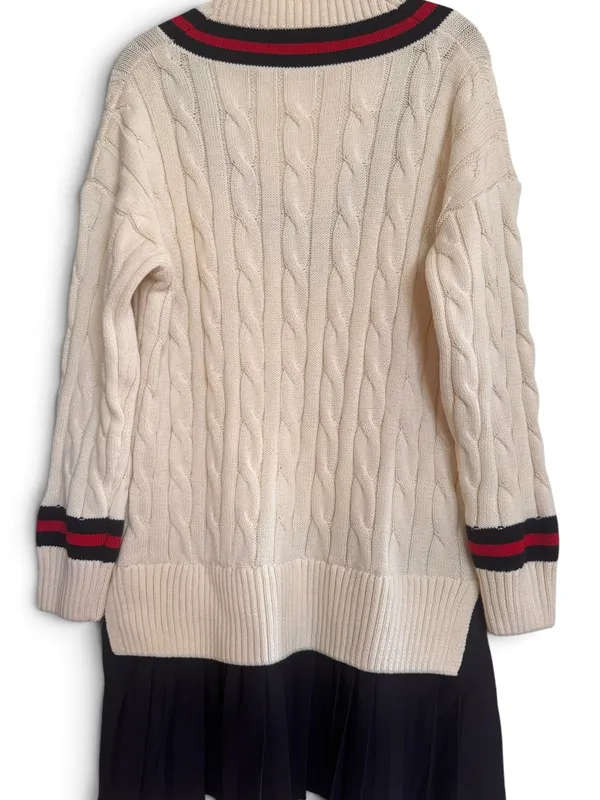English Factory Cream Cable Knit V-Neck Sweater with Navy and Red Trim - Image 2