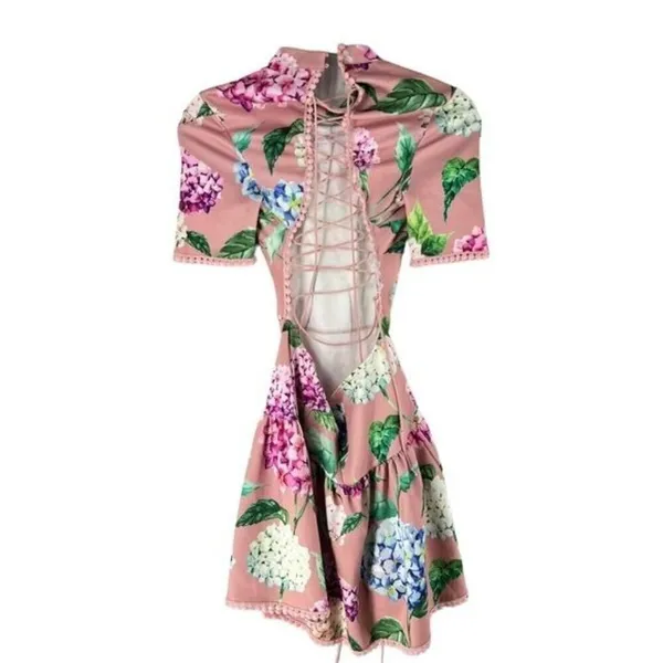 Banjul Floral Print Mock Neck Lace-Up‎ Back Dress - Image 2
