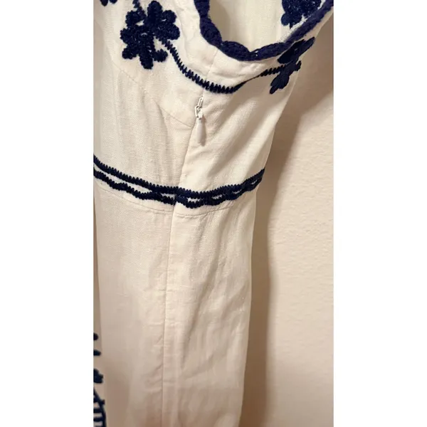 Boden Shift Dress Sz 16 Ivory Navy Blue Embroidered Linen V-Neck Boho Vacation - Image 8