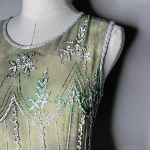 Vintage Green Silk Heavy Beaded Sleeveless Top Boho Fairycore Chic Forest Nymph - Image 6