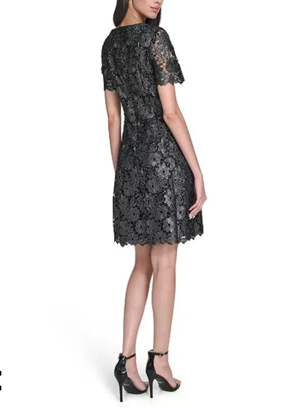 Eliza J Petite Black and Silver Square Neck Lace Fit and Flare Dress Size 10 P - Image 5