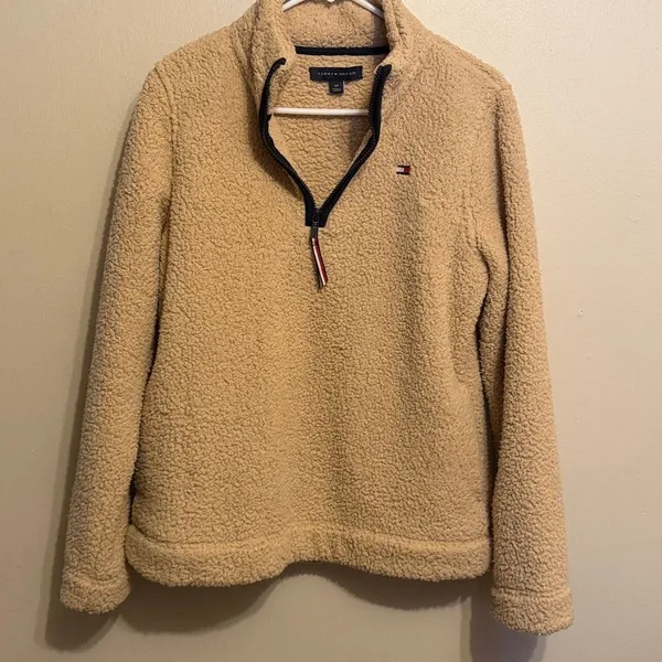 Tommy Hilfiger Beige Fleece Jacket Half Zip Soft Cozy Top - Image 5