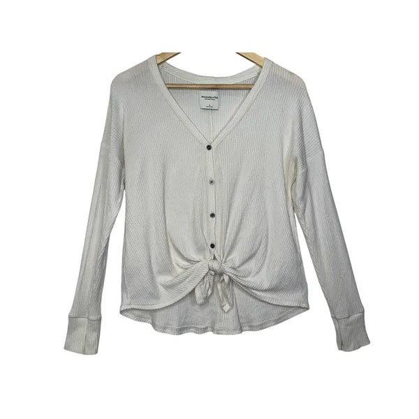 Abercrombie & Fitch Soft AF Cozy Cream Ribbed Knit Tie Front V-Neck Sweater Sz S - Image 3