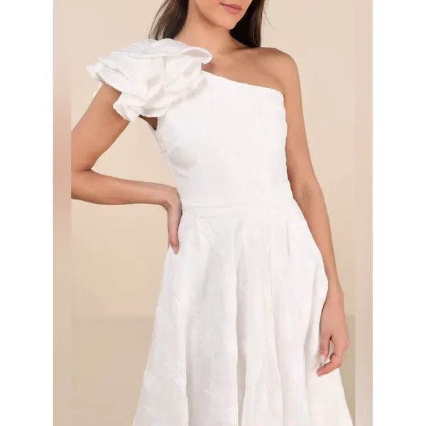 Lulus Sweet Definition White Burnout Ruffled One-Shoulder Midi Dress Size Large - Image 3