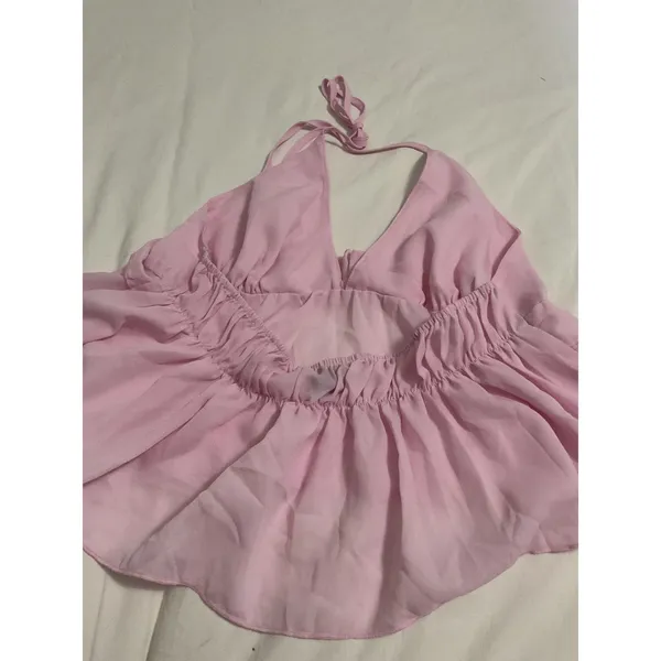 UUE Pink Halter Babydoll Top Open Back Flowy Ruffle Blouse Size XL - Image 4