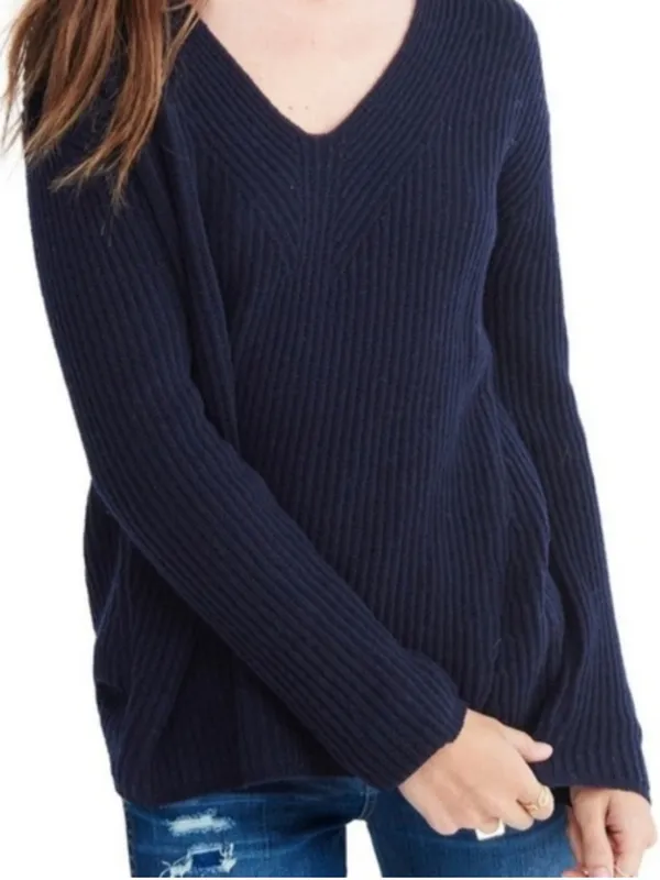 Madewell Woolside Pullover V-neck Sweater in Navy Blue XL Ribbed Texture Knit - Image 3