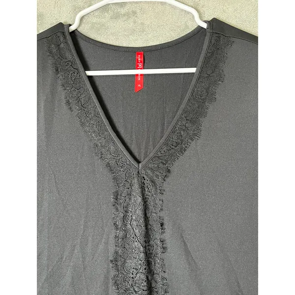 Ruby Ribbon XL Black V Neck Lace Trim Short Sleeve Top Stretch Blouse - Image 2