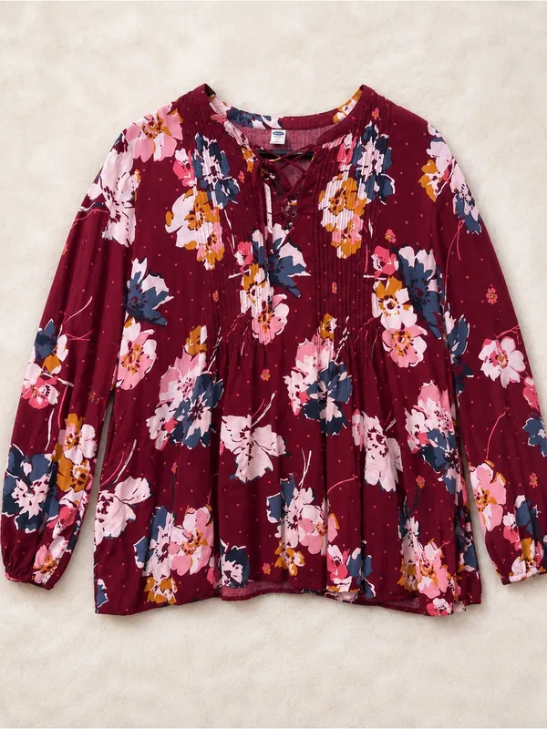 Old Navy floral blouse size‎ 16/18 ~burgundy lace-up v-neck ~ loose fit Fall top - Image 2