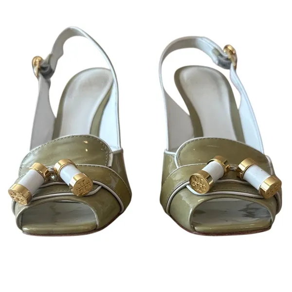 Tory Burch Ella Wedge‎ Slingback Peep Toe Patent Sandals 7 - Image 5