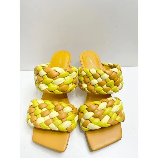 Marc Fisher LTD Dalila Yellow Multi Braided Square‎ Toe Kitten Heel Mules 7.5M - Image 4