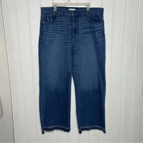 NWT LOFT Frayed High Rise Wide Leg Jeans Dark Indigo Wash Sz 34 - Image 4