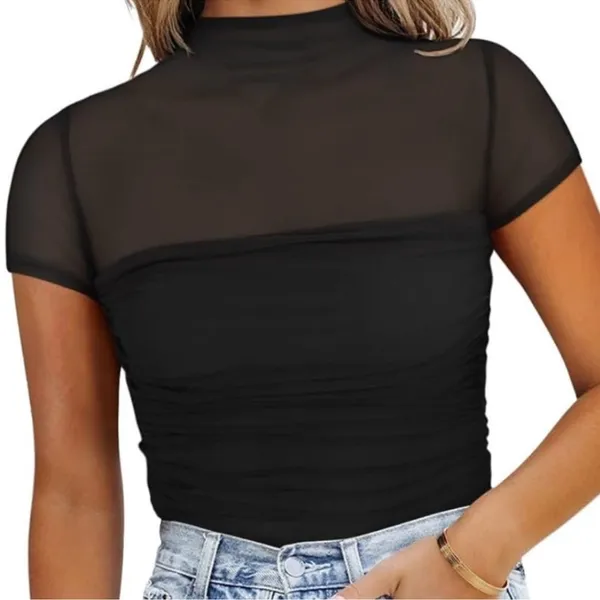 NWT REORIA Women’s Sheer Mesh Ruched Bodysuit – Medium - Image 3