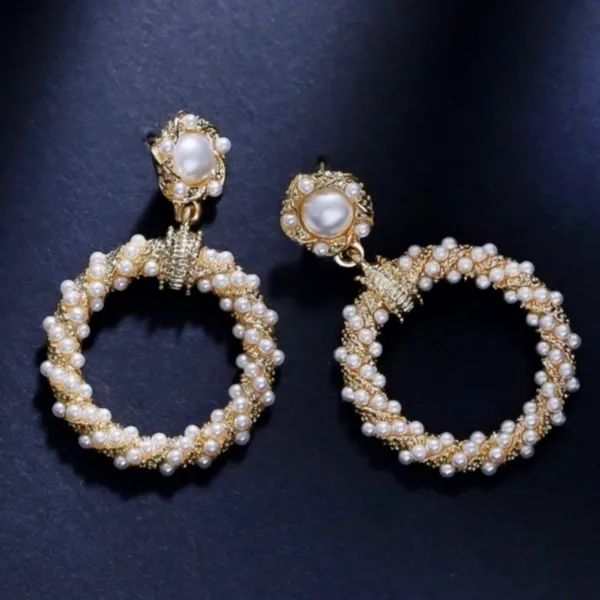 White Pearl Drop Dangle Hoop Earrings for Women - Image 2