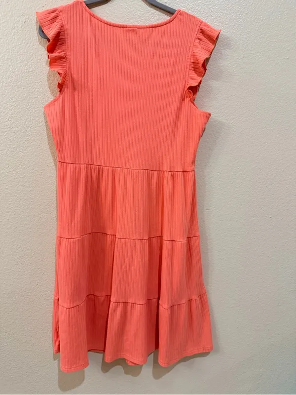 IFFEI Woman Coral Ribbed Knit Tiered Ruffle Button Front Swing Dress XL - Image 2