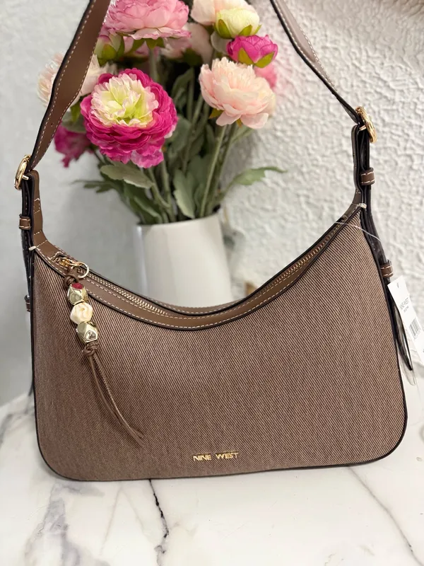 Nine West Brown Canvas Hobo Shoulder Bag with Tassel Charm - Image 4