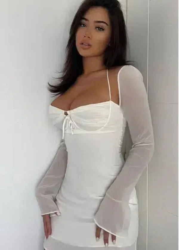 HOUSE OF CB Babydoll Halter Long Sleeve Minidress in Ivory Size X-Small - Image 13