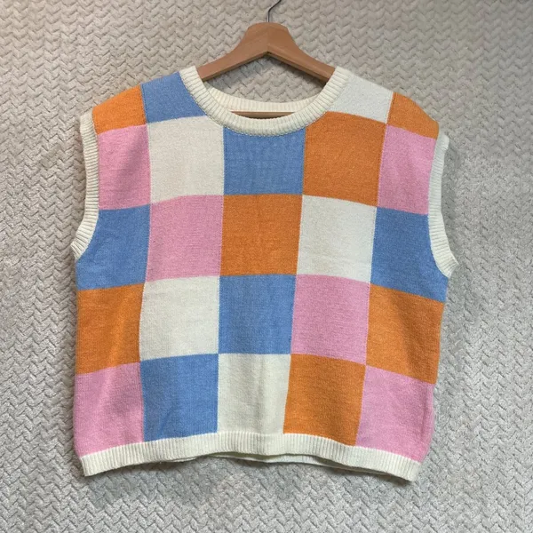 &merci Womens Multi Colored Checkered‎ Ivory Sweater Vest Preppy Large - Image 6
