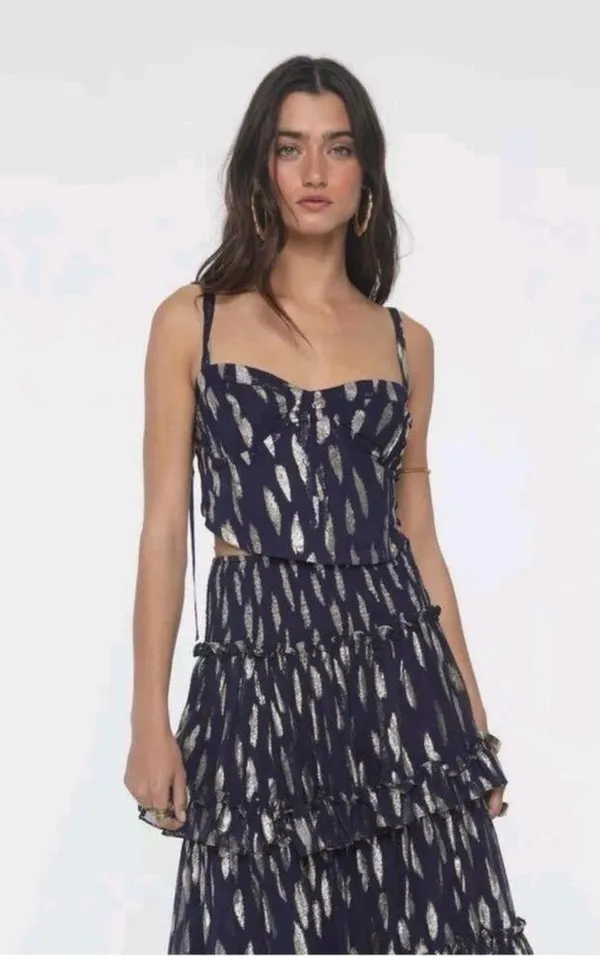 Free People Solar Corset Top Equinox Ruffle Skirt Size Small Blue Gold Set - Image 5