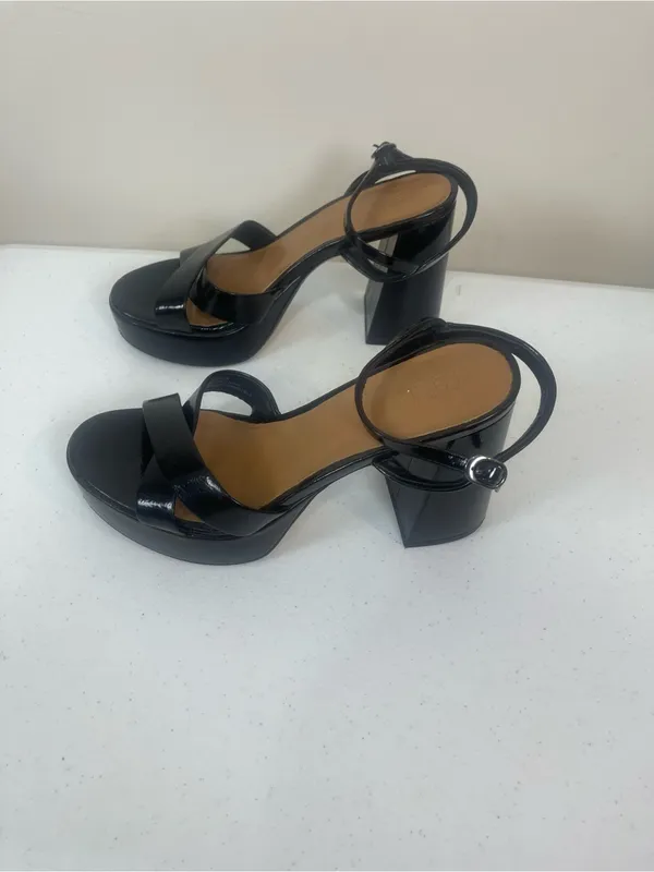 Classic Black Patent Block Heel Sandals with Ankle Strap - Image 3