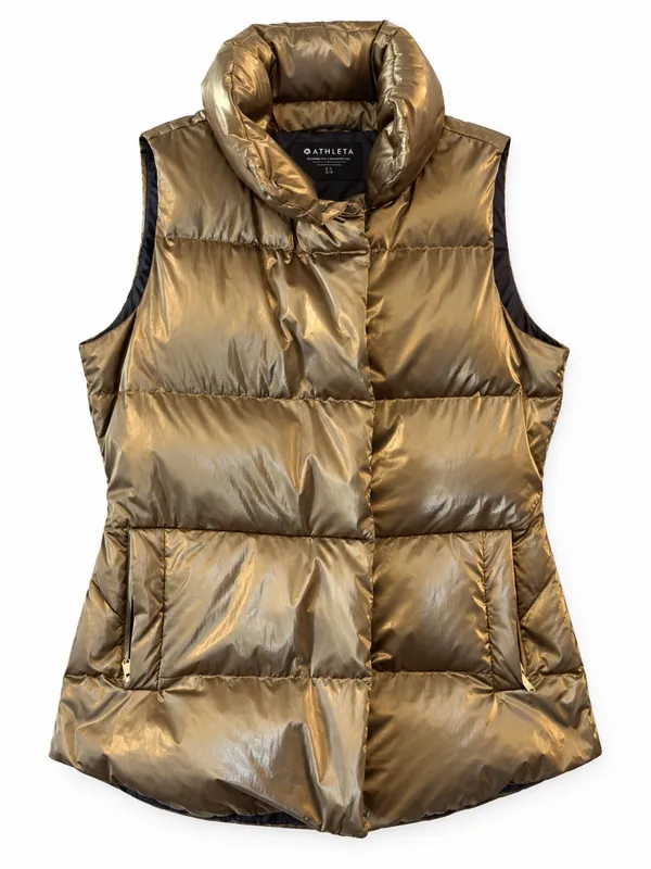Athleta Downtown Metallic Vest Womens S Bronze Gold Down Puffer Quilted - Image 3