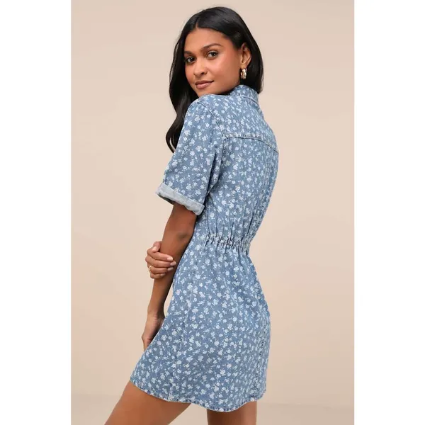 NWT Lulus Renske Light Wash Floral Print Denim Mini Dress Night Out Size XS - Image 3