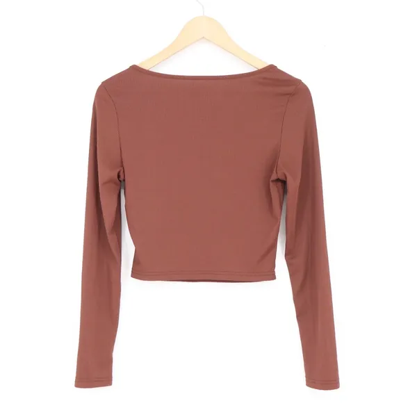 SHEIN Brown Ribbed Square Neck Long Sleeve Crop Top Womens Medium - Image 5