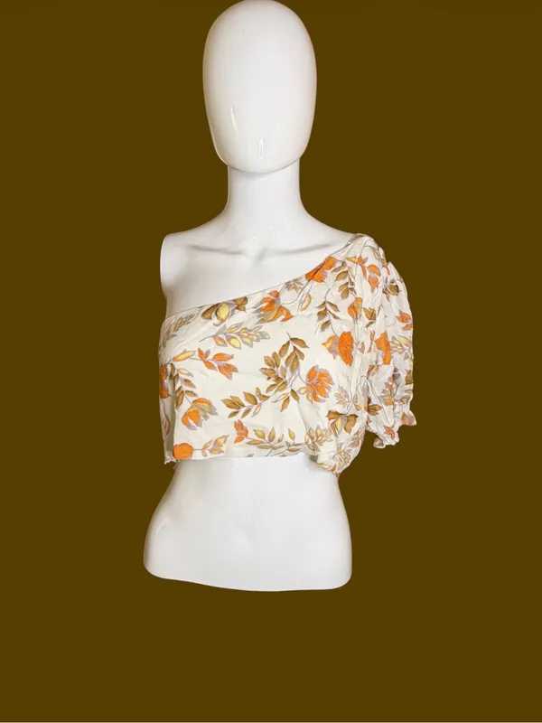 Petal & Pup One-Shoulder Floral Crop Top in Cream and Orange - Image 3