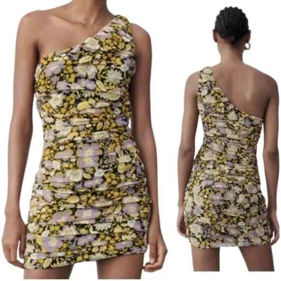 ZARA One Shoulder Floral Mini Dress‎ Size XS Metallic Ruched Multicolor NWT - Image 2