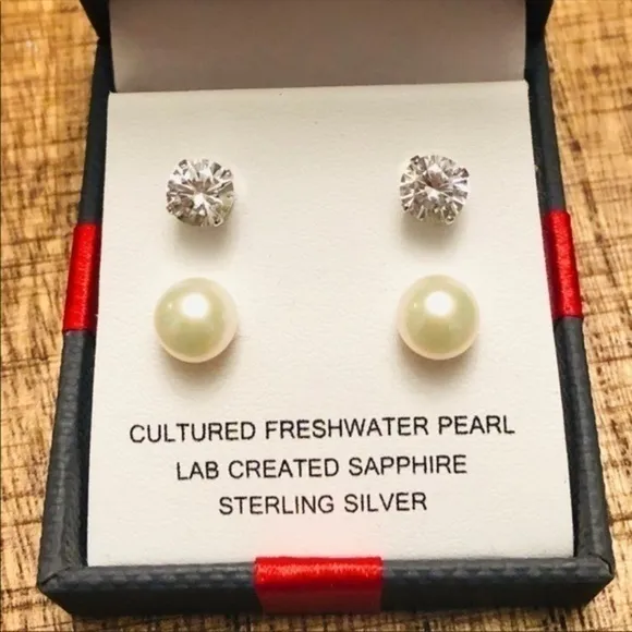 Sterling Silver Pearl & Lab White Sapphire Stud Earrings Set 2 Pair NWT - Image 4