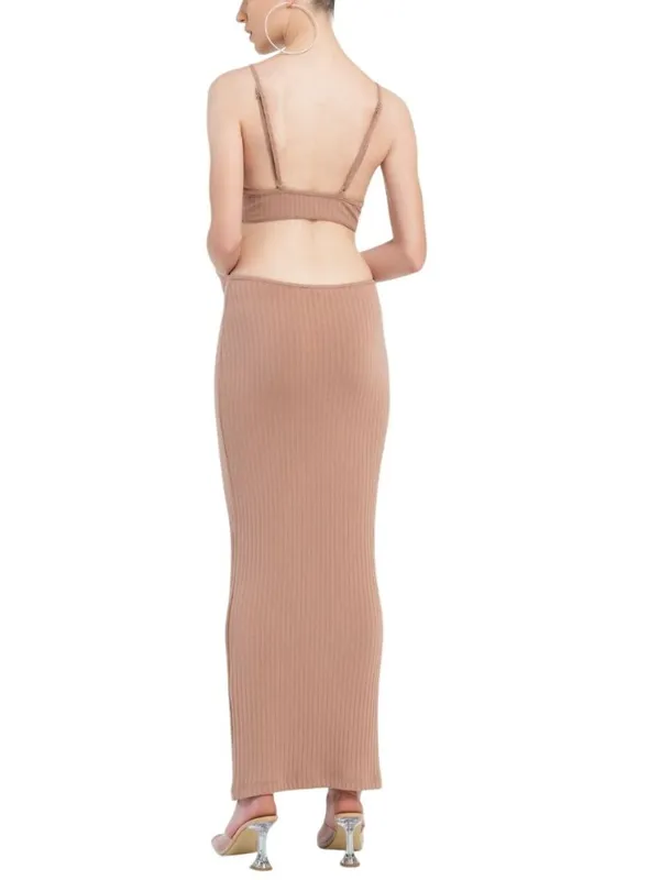 Kikiriki Vacay Ribbed Cut Out BodyCon MaxiDress Caramel Brown Size Small NWT - Image 2