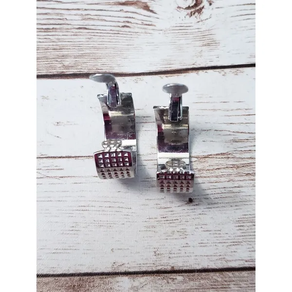 Vintage Clip On Earrings - Square Design Silver Tone Hoops 7/8" - Image 4