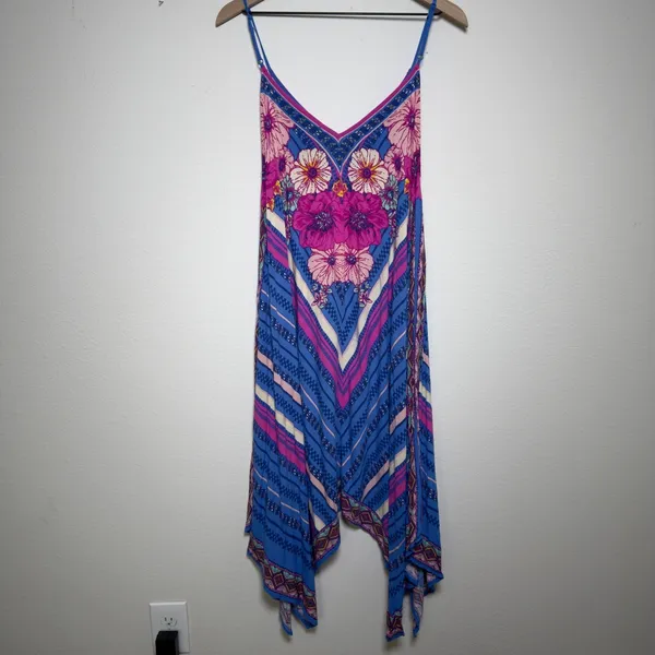 Flying Tomato Women Dress Medium Blue Pink Floral Geometric Handkerchief Hippie - Image 5