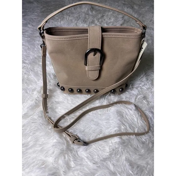 No Boundaries Moto Bucket Bag Beige Studded Crossbody Shoulder Purse NWT - Image 2