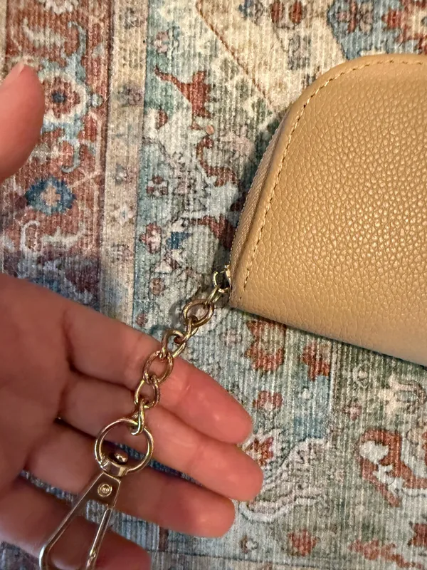 Anne Klein Beige Zip-Around Wallet Card Case w/ Gold Tone Chain Clip, Pockets - Image 2