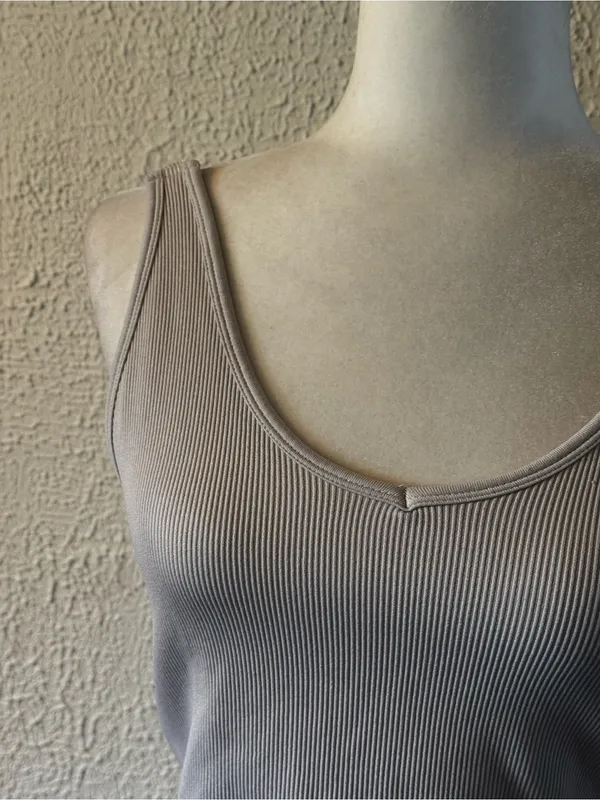 Yogalicious Ribbed Scoop Crop Tank Top - Taupe - Image 2