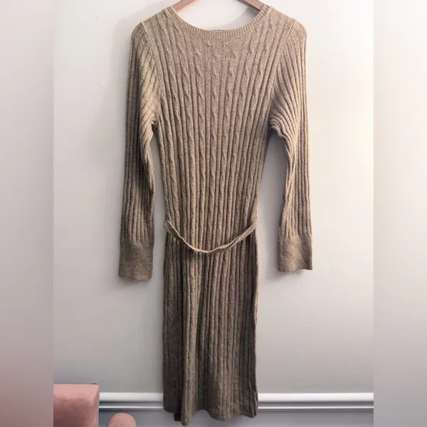 Abercrombie & Fitch tan ribbed cable knit Sweater midi Dress long sleeve V neck - Image 2