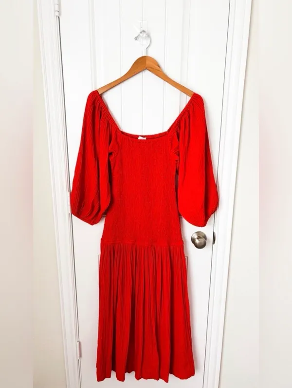 RHODE Harper Smocked Cotton Gauze Midi Dress Size Medium - Image 3