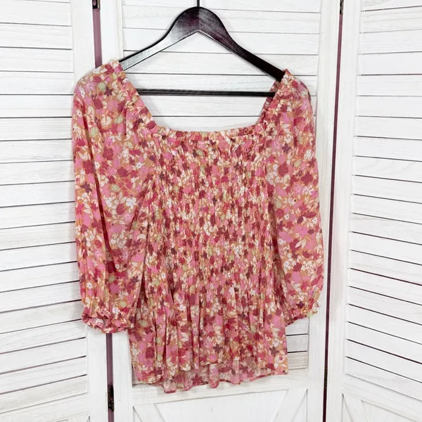 Nanette Lepore Cottagecore Floral Smocked Peplum‎ Puff Sleeve Blouse Pink Large - Image 7