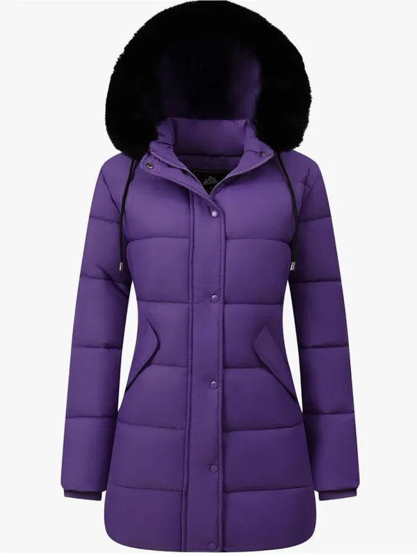 Women's Long Insulated Quilted Winter Puffer Coat Purple Medium Size - Image 3