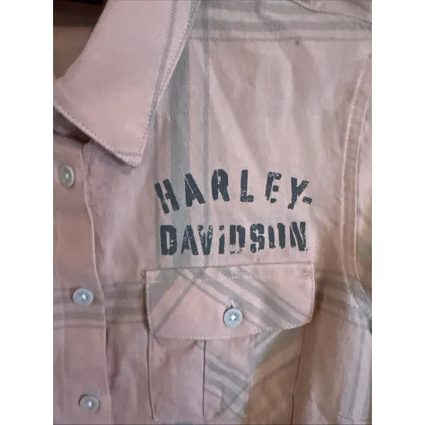Harley-Davidson Women's Salute Convertible Sleeve Shirt Small Pink Plaid Flannel - Image 2