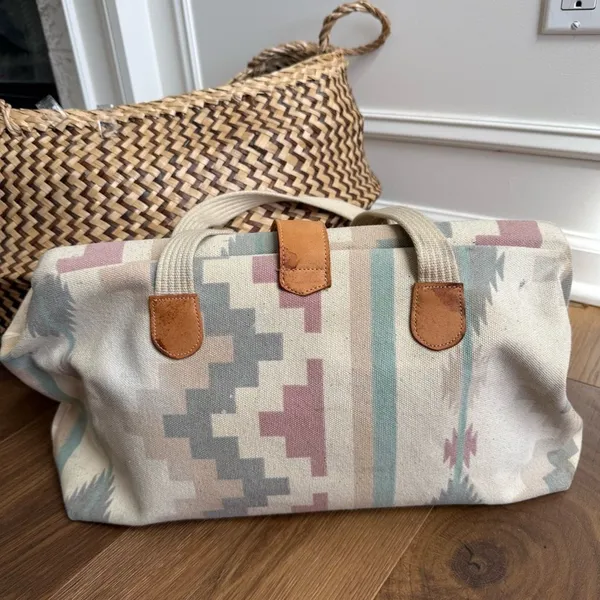 Vintage 90s Southwestern Pattern Canvas Satchel Clamshell Small Tote Mauve Teal - Image 2