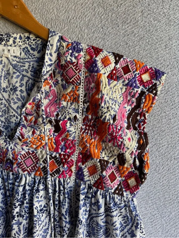 THML Blouse Floral Embroidery Tiered Boho Peasant Hippie Tassled - Image 3