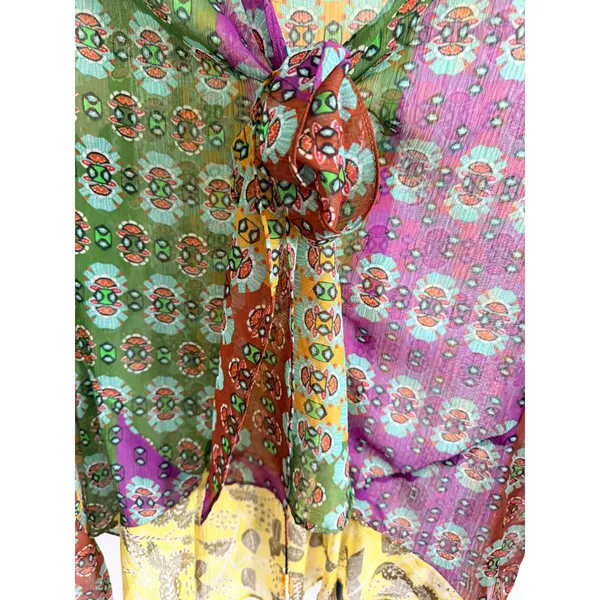 Zara Women Multi Color Patchwork Geometric Print Tie Front Beaded Blouse Medium - Image 4