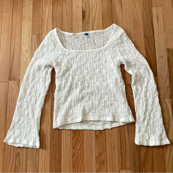 Old Navy White Textured Boho Long Sleeve Top Large Square Neck Cottagecore - Image 3