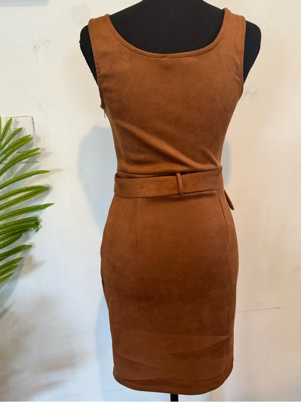Haute Monde Sleeveless Belted Mini Dress in Rich Brown - Image 3