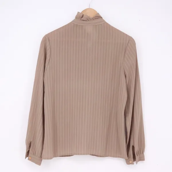 Joanna Blouse Womens 12 Vintage Ruffle Front Pinstripe Tan Button-Down Excellent - Image 5
