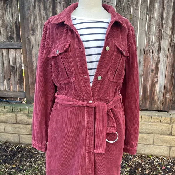 Topshop Burgundy Corduroy Belted shirt dress coat grunge fall streetwear casual - Image 2
